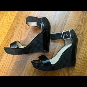 Coach Black Jerri Patent Canvas Wedges